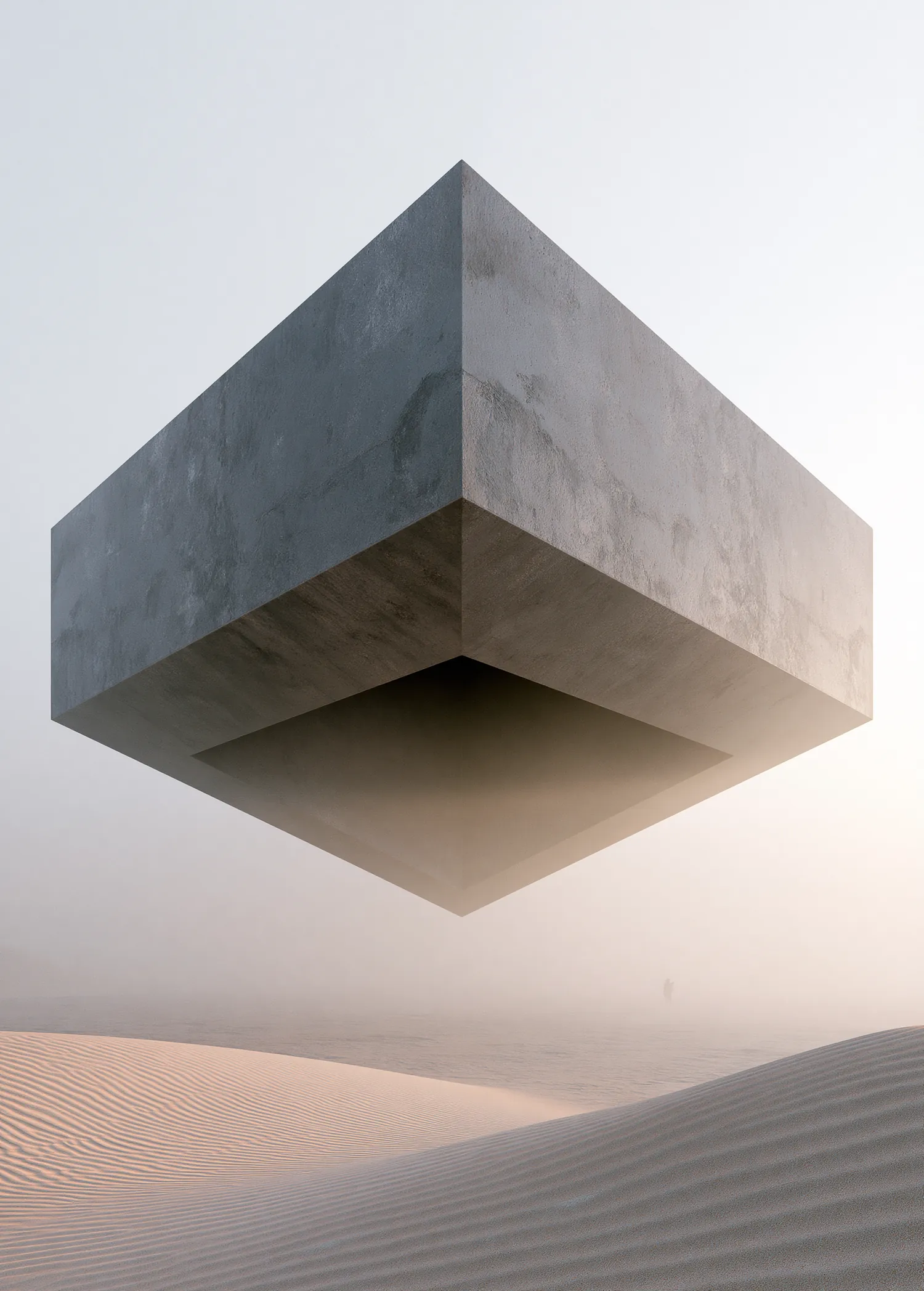 A massive monolith floating alone above fog: decision concentrated at a single point, the pyramid Sibyl is built to avoid.